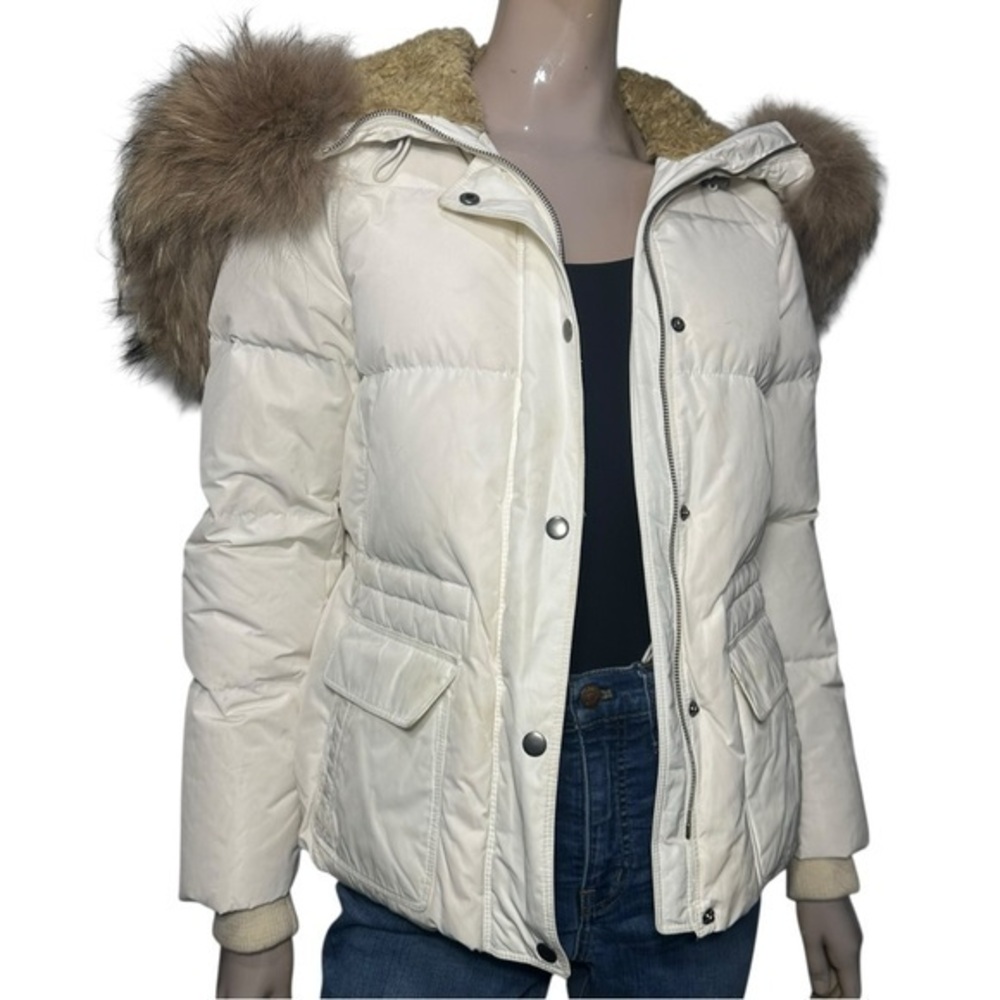 Theory Women’s Size L White Raccoon Hood Briton Technical Down Puffer Jacket